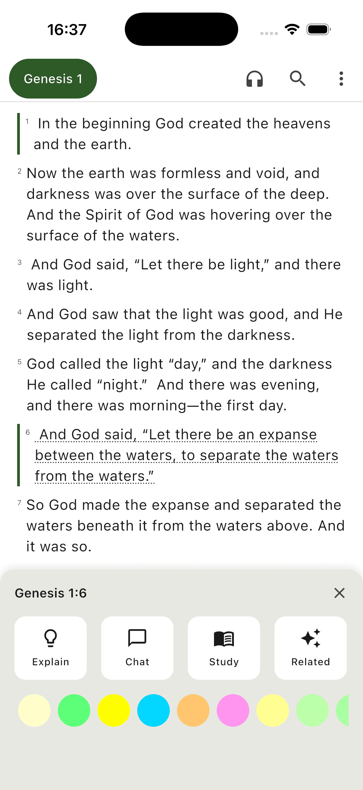 Bible reader with verse selection and tools