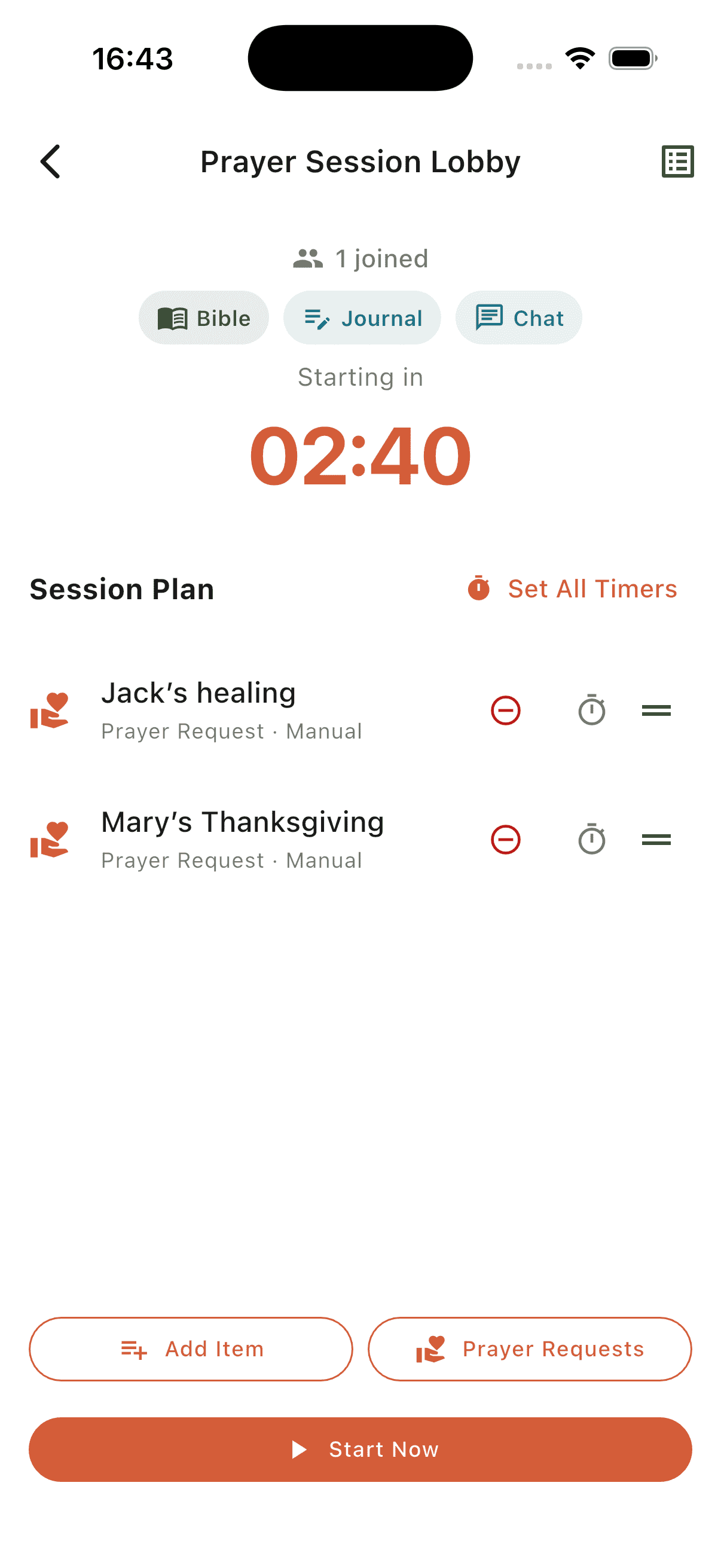 Prayer session lobby with timer and prayer requests